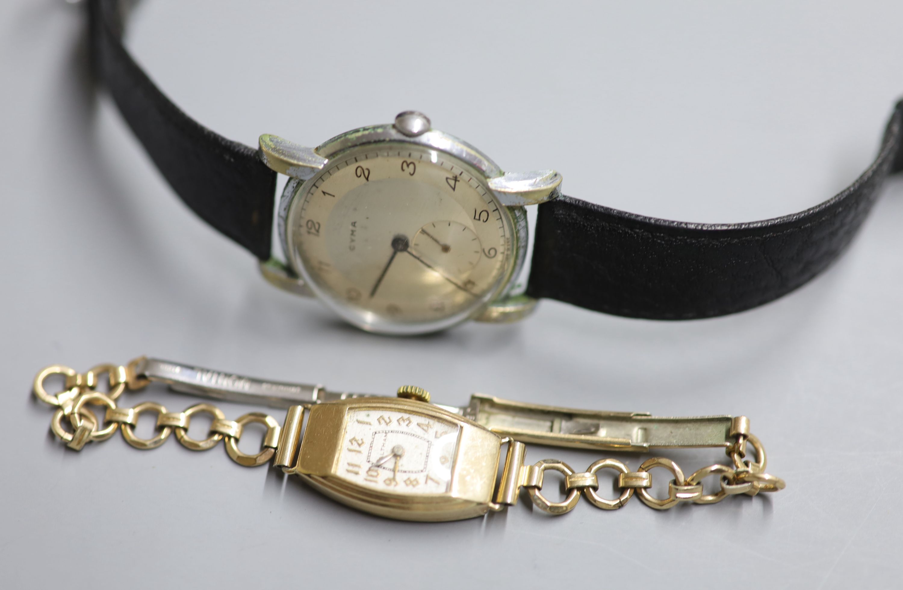 A ladys 9ct gold Waltham wrist watch on plated strap and a gentlemans stainless steel Cyma wrist watch.